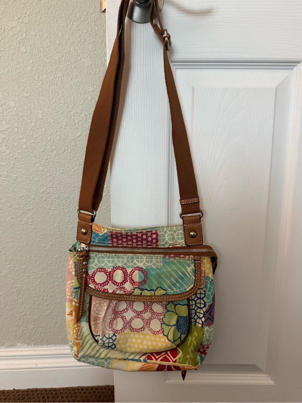 Fossil Multi-Color Patchwork Crossbody Bag with Brown Strap